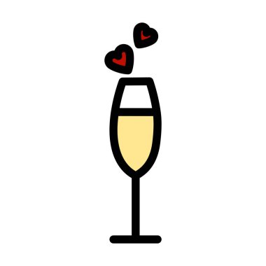 Kalp ikonlu şampanya kadehi. Renk Doldurma Tasarımı ile Düzenlenebilir Kalın Tasarım. Vektör İllüstrasyonu.