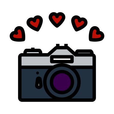 Hearts Icon 'lu kamera. Renk Doldurma Tasarımı ile Düzenlenebilir Kalın Tasarım. Vektör İllüstrasyonu.