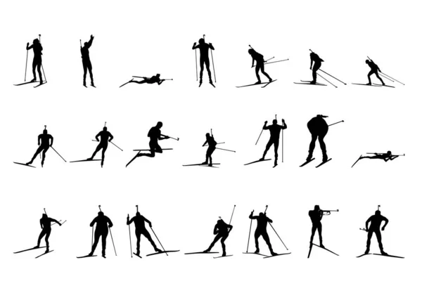 Ensemble Silhouette Biathlon Silhouettes Noires Lisses Détaillées Des Athlètes Biathlon — Image vectorielle