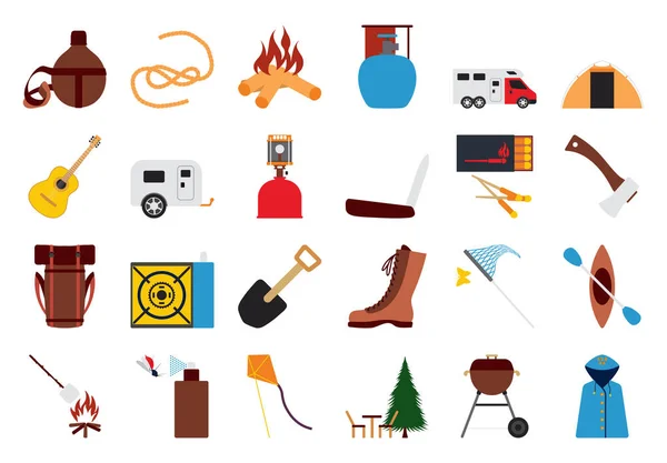 Camping Icon Set Flat Design Fully Editable Vector Illustration Text — Stock Vector