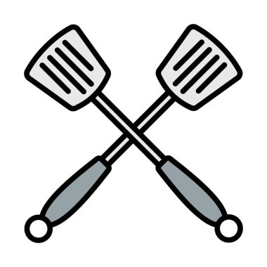 Crossed Frying Spatula. Editable Bold Outline With Color Fill Design. Vector Illustration.