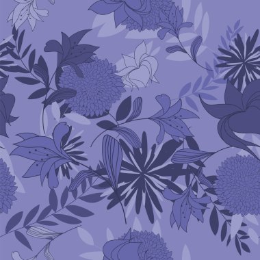 Çiçeksiz vektör deseni. Çok Peri renginde zarif bir tasarım, 2022 yılının modern rengi. Çiçek ve girdap elementi. Tekstil baskısı ve duvar kağıtları için ideal.