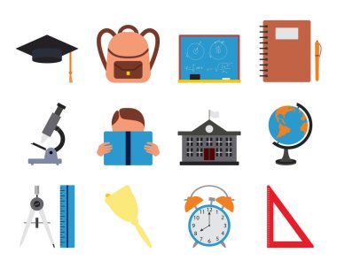 Okul ikonu seti. Düz Tasarım. Tamamen düzenlenebilir vektör çizimi. Metin genişletildi.