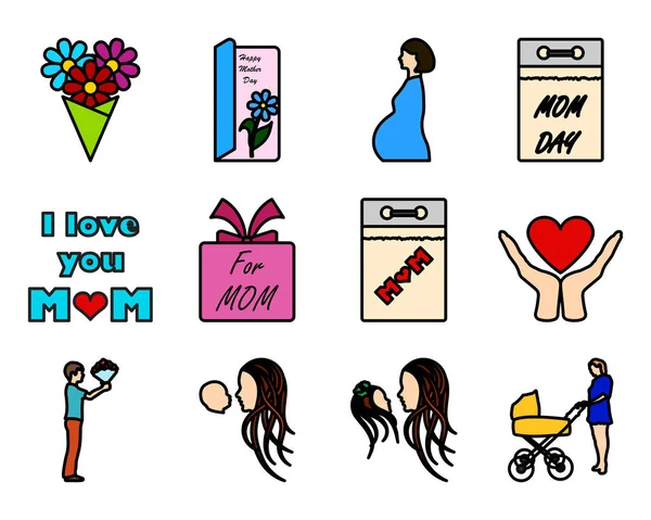 Conjunto Iconos Del Día Madre Esquema Audaz Editable Con Diseño — Archivo Imágenes Vectoriales