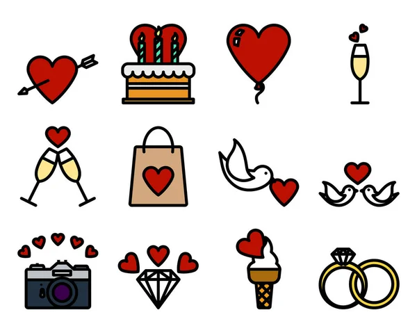 Valentine Icon Set Contour Audacieux Modifiable Avec Conception Remplissage Couleur — Image vectorielle