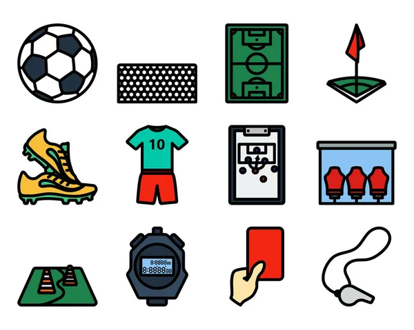 Juego Iconos Fútbol Esquema Audaz Editable Con Diseño Relleno Color — Archivo Imágenes Vectoriales