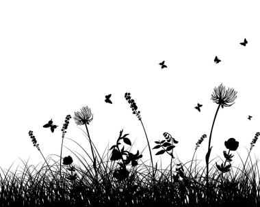 Bahar çayırı çimleri. Taze bitkiler, mevsimlik çimenler, ayrılmış botanik elementler, bitkiler. Doğal çim çalıları, çiçek sınırı. Vektör İllüstrasyonu.