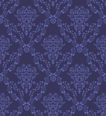 Damask Kusursuz Vektör Deseni. Kraliyet Barok Tarzı Arkaplan Dokusunda Çok Peri renginde Zarif Tasarım. Çiçek ve Girdap elementi. Tekstil Yazdırma ve Duvar Kağıdı için ideal.