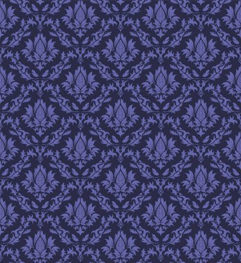 Damask Kusursuz Vektör Deseni. Kraliyet Barok Tarzı Arkaplan Dokusunda Çok Peri renginde Zarif Tasarım. Çiçek ve Girdap elementi. Tekstil Yazdırma ve Duvar Kağıdı için ideal.