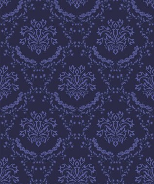 Damask Kusursuz Vektör Deseni. Kraliyet Barok Tarzı Arkaplan Dokusunda Çok Peri renginde Zarif Tasarım. Çiçek ve Girdap elementi. Tekstil Yazdırma ve Duvar Kağıdı için ideal.