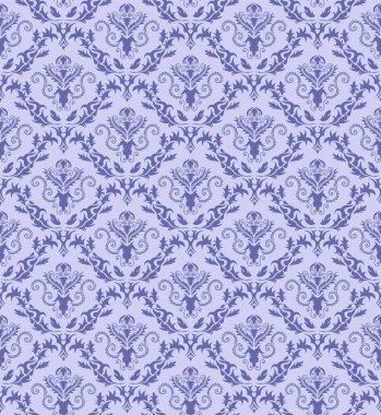 Damask Kusursuz Vektör Deseni. Kraliyet Barok Tarzı Arkaplan Dokusunda Çok Peri renginde Zarif Tasarım. Çiçek ve Girdap elementi. Tekstil Yazdırma ve Duvar Kağıdı için ideal.