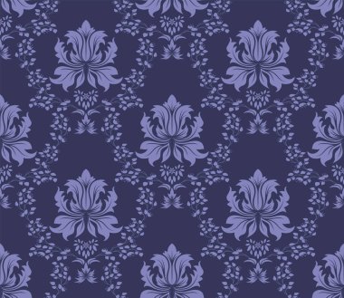 Damask Kusursuz Vektör Deseni. Kraliyet Barok Tarzı Arkaplan Dokusunda Çok Peri renginde Zarif Tasarım. Çiçek ve Girdap elementi. Tekstil Yazdırma ve Duvar Kağıdı için ideal.