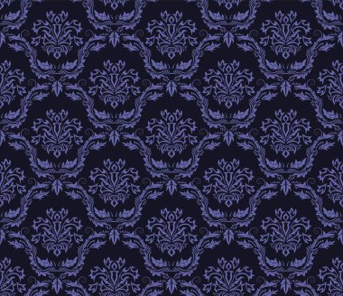 Damask Kusursuz Vektör Deseni. Kraliyet Barok Tarzı Arkaplan Dokusunda Çok Peri renginde Zarif Tasarım. Çiçek ve Girdap elementi. Tekstil Yazdırma ve Duvar Kağıdı için ideal.