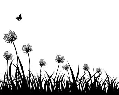 Bahar çayırı çimleri. Taze bitkiler, mevsimlik çimenler, ayrılmış botanik elementler, bitkiler. Doğal çim çalıları, çiçek sınırı. Vektör İllüstrasyonu.