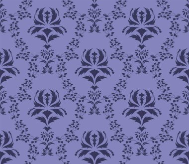 Damask Kusursuz Vektör Deseni. Kraliyet Barok Tarzı Arkaplan Dokusunda Çok Peri renginde Zarif Tasarım. Çiçek ve Girdap elementi. Tekstil Yazdırma ve Duvar Kağıdı için ideal.