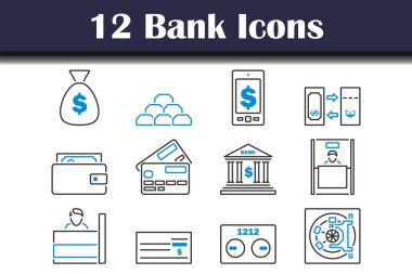 Banka Simgesi Ayarlandı. Renk Doldurma Tasarımı ile Düzenlenebilir Kalın Tasarım. Vektör İllüstrasyonu.