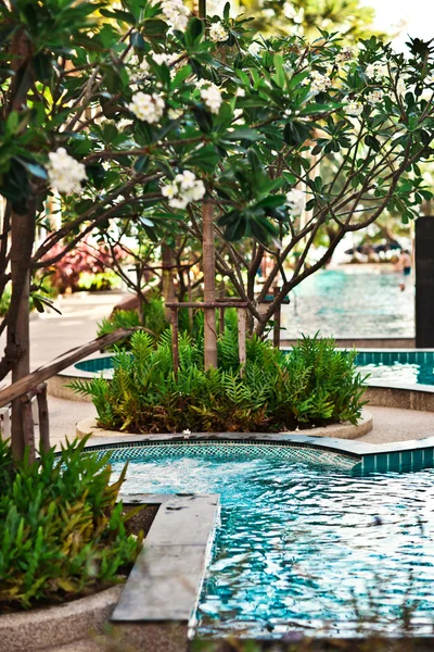 Liegestühle in der Nähe von Schwimmbad in tropischen Resort, Thailand. — Stockfoto