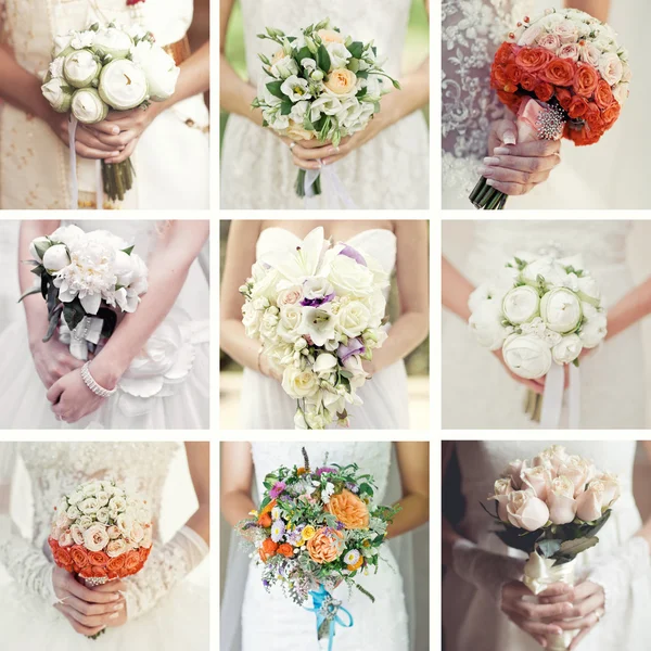 Collage of nine wedding photos with bouquets — Stock Photo, Image