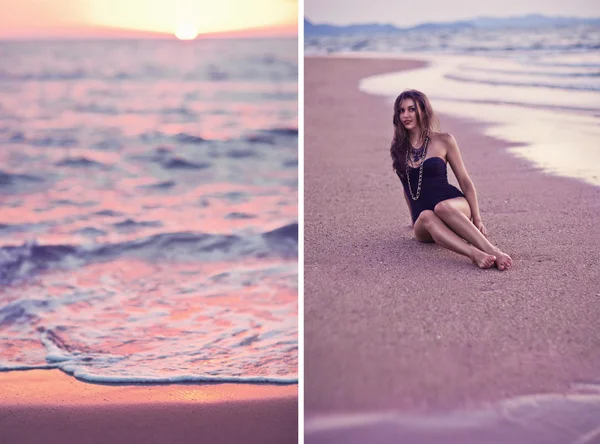 Collage av vacker kvinna poserar på stranden på sunset — Stockfoto