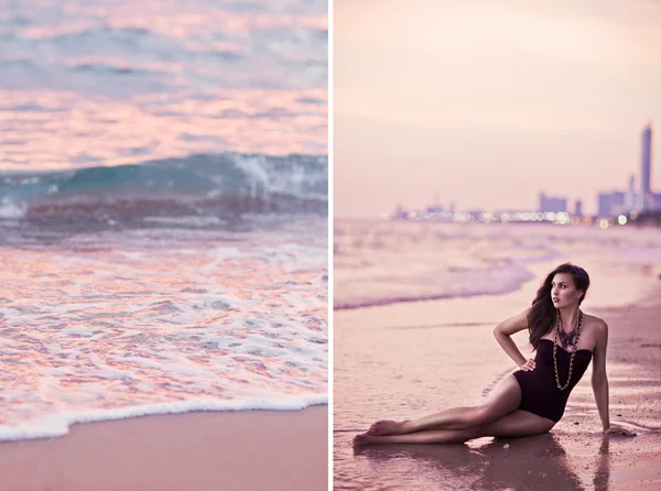 Kolaż kobieta piękny pozowanie na plaży na zachód słońca — Zdjęcie stockowe