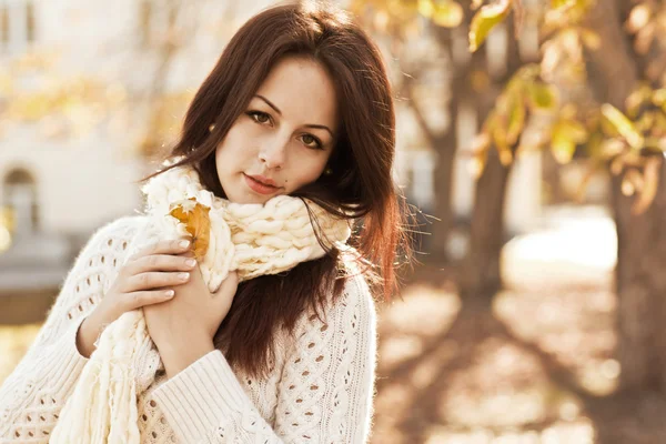 Mujer de otoño en retrato de hojas amarillas —  Fotos de Stock