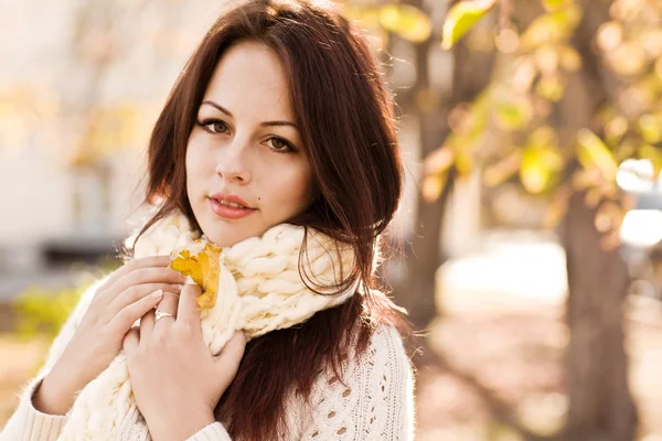黄色叶子肖像的秋季女人 — 图库照片