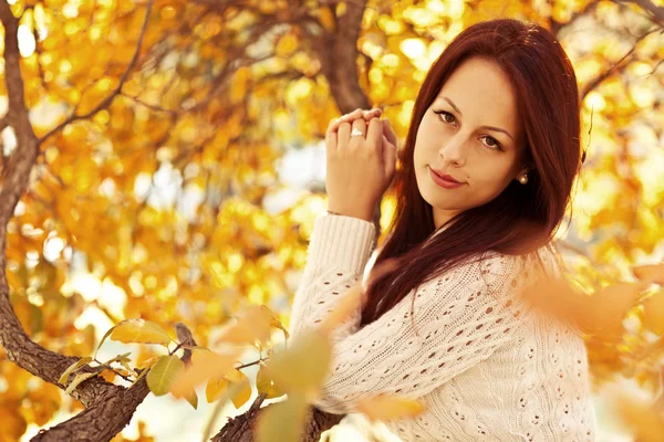 Mulher elegante bonita de pé em um parque no outono — Fotografia de Stock