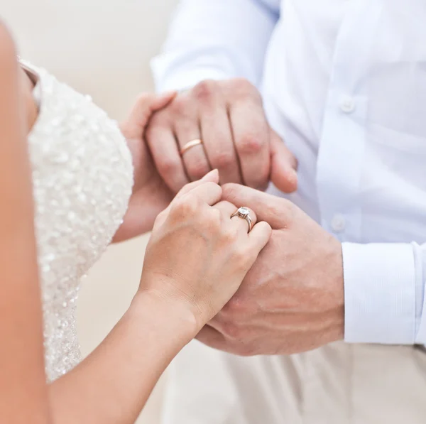 Tema do casamento, de mãos dadas recém-casados — Fotografia de Stock