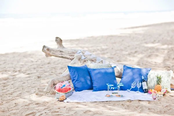 Letní piknik pod palmami poblíž oceánu — Stock fotografie
