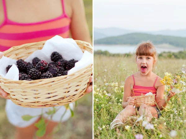 Dívka s košíkem ostružiny — Stock fotografie