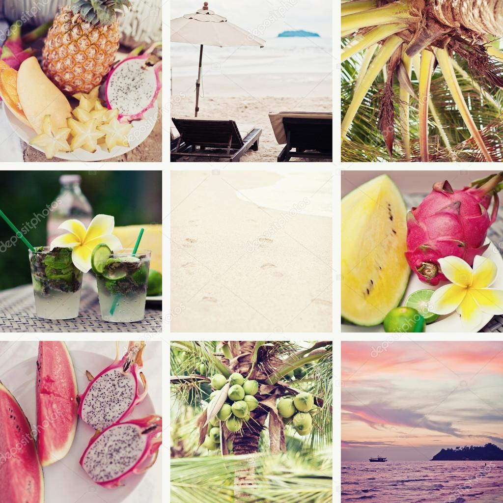Summer collage with tropical fruit, sunset and palm