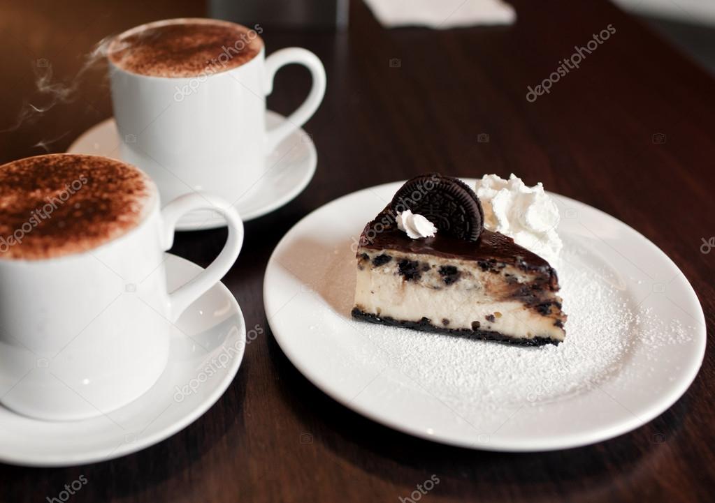 Chocolate cheesecake with a cup of coffee