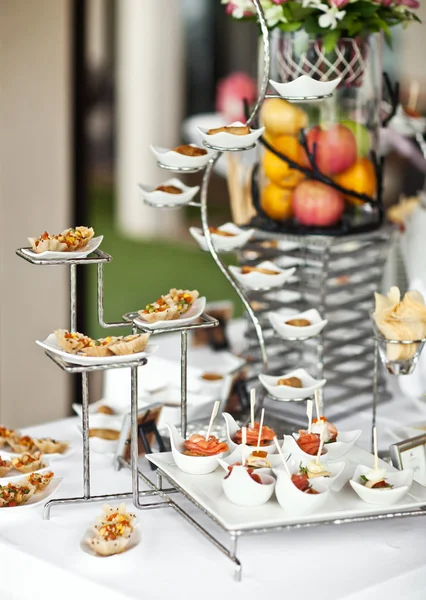 Luxury food and drinks on wedding table. Different sort of canape for a self service buffet — Stock Photo, Image