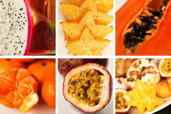 Collage de frutas exóticas sobre un fondo blanco . —  Fotos de Stock