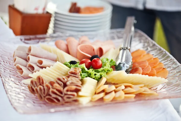 Luxury food and drinks on wedding table. Different sort of canape for a self service buffet — Stock Photo, Image