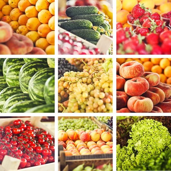 Коллаж свежих сезонных фруктов на рынке — стоковое фото