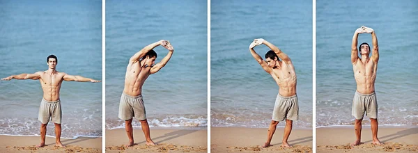 Collage av manliga fitness modell terränglöpning på stranden. — Stockfoto