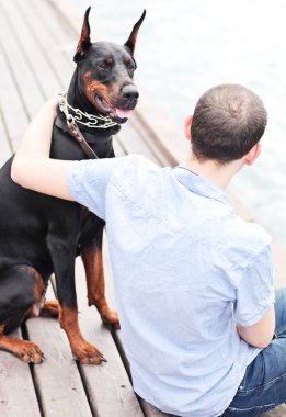 bir adam ve okyanusa bakan bir oturma köpek.
