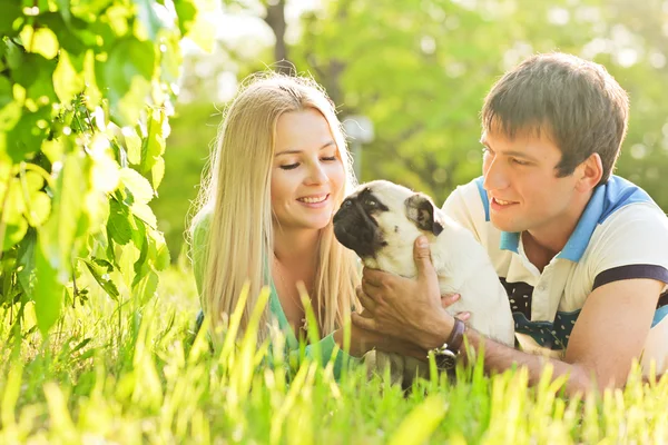 Bonito casal se divertindo com seu cão no parque — Fotografia de Stock