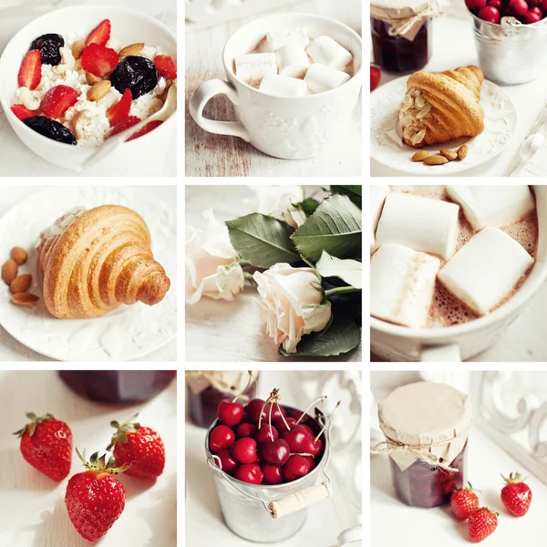 Desayuno saludable con requesón, cacao, cereza y croissant —  Fotos de Stock