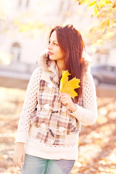 Porträt einer herbstlich lächelnden Frau mit Blättern — Stockfoto