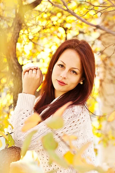 Retrato de una mujer sonriente de otoño con hojas — Foto de Stock