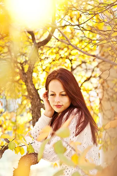 Porträt einer herbstlich lächelnden Frau mit Blättern — Stockfoto