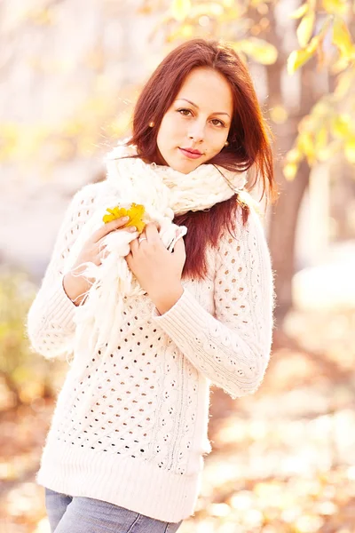 Portrait of an autumn smiling woman with leaves — Stock Photo, Image