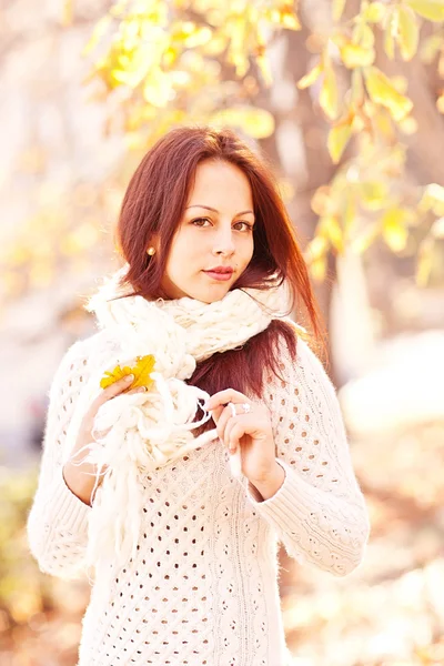 Retrato de una mujer sonriente de otoño con hojas — Foto de Stock