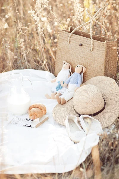 Picknick detail: hoed, melk, tilda, croissant, schoenen op wit dreven in de natuur — Stockfoto