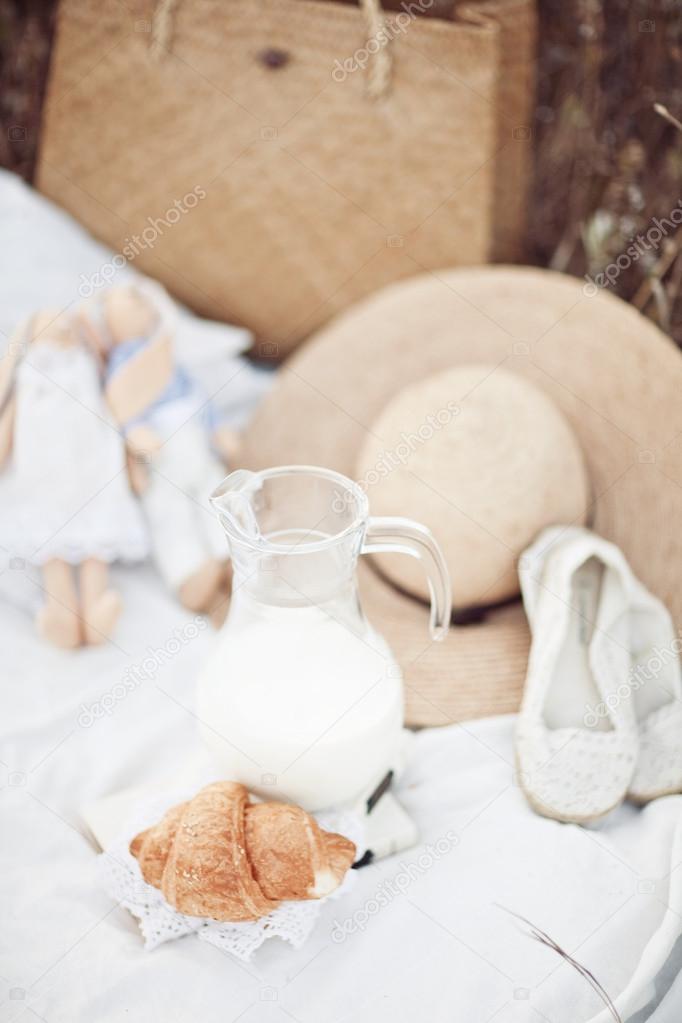 Picnic detail: hat, milk, tilda, croissant, shoes on white plied in nature