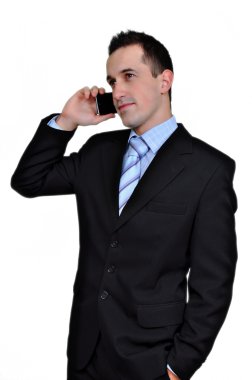 cep telefonu ile iş adamı portresi. Beyaz arka plan üzerinde izole