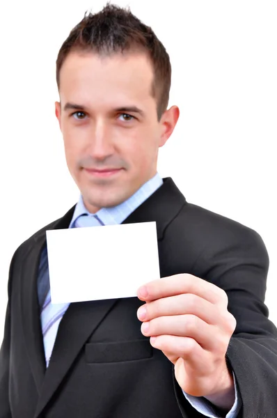 Young business man showing off his blank business card that is ready for text — Stock Photo, Image