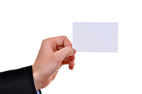 Beyaz arka plan üzerinde izole adam elinde kağıt kartı — Stok fotoğraf
